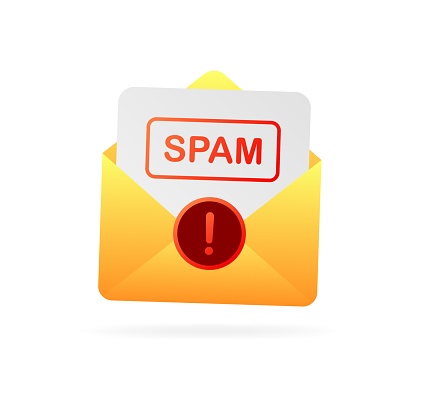 Spam message. Flat, yellow, spam envelope, scammers beware. Vector icon