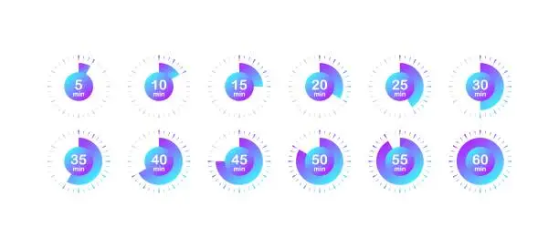 Vector illustration of Timer icons. Flat, color, minutes countdown, countdown timer. Vector icons