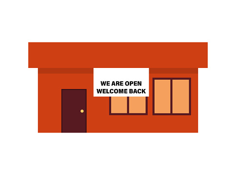 Reopening of small businesses after quarantine COVID-19 coronavirus lockdown.We are open again. Vector template for door sign,poster,banner,web to salon,store,cafe,restaurant.