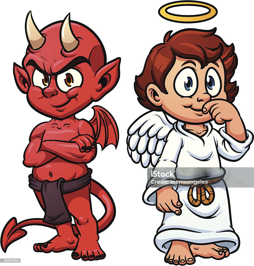 Angel and devil Cartoon little angel and devil. Vector illustration with simple gradients. Each in a separate layer for easy editing. Devil stock vector