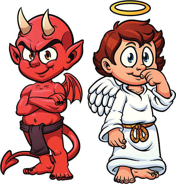 Angel and devil Cartoon little angel and devil. Vector illustration with simple gradients. Each in a separate layer for easy editing. devil stock illustrations