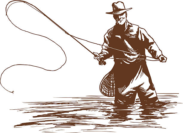 Fly FIsherman A simple one-color sketch of a fly fisherman casting. fly fishing stock illustrations