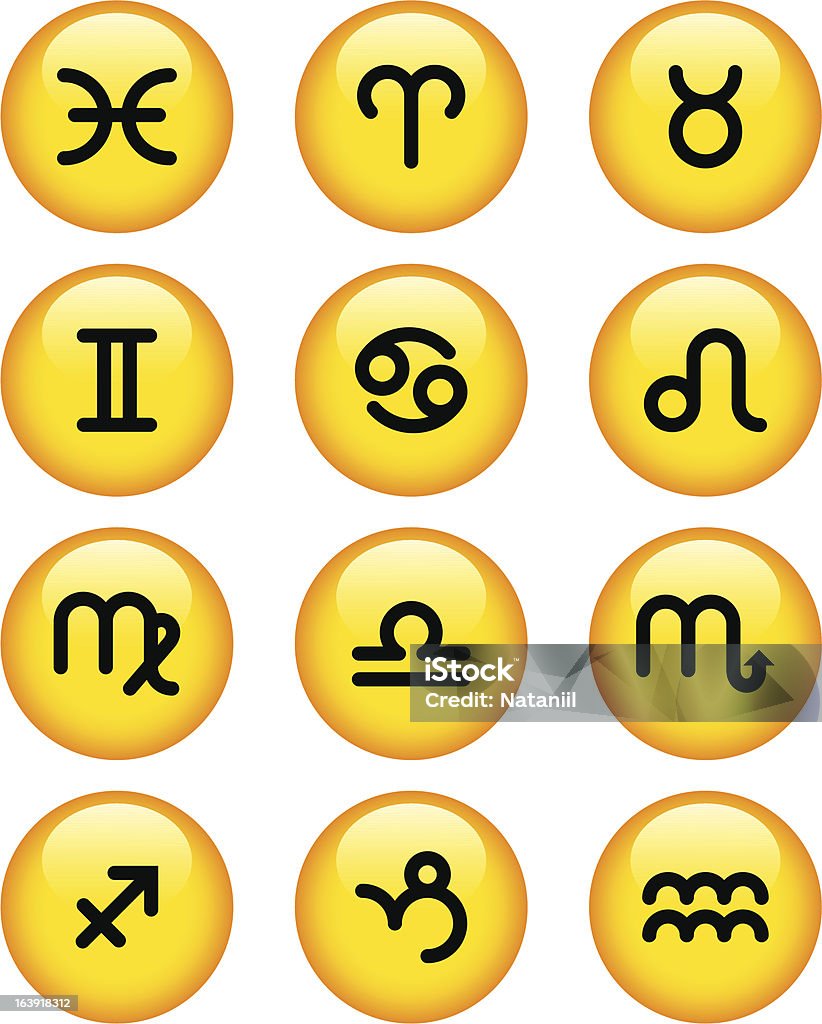 Zodiac signs A full set of Zodiac signs made on yellow buttons Aquarius - Astrology Sign stock vector