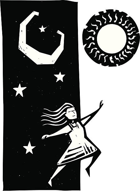 Leaping into Tomorrow Girl jumping between nighttime and daytime. woodcut stock illustrations