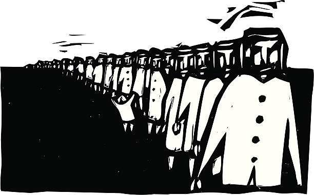 Line Up Long row of people rendered in a rough style wait in line. holocaust stock illustrations