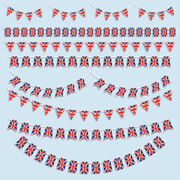 ilustraciones, imágenes clip art, dibujos animados e iconos de stock de union jack flags y bunting - british flag vector uk national flag