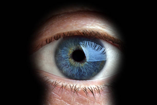 mann, blick durchs schlüsselloch - - surveillance human eye security privacy stock-fotos und bilder