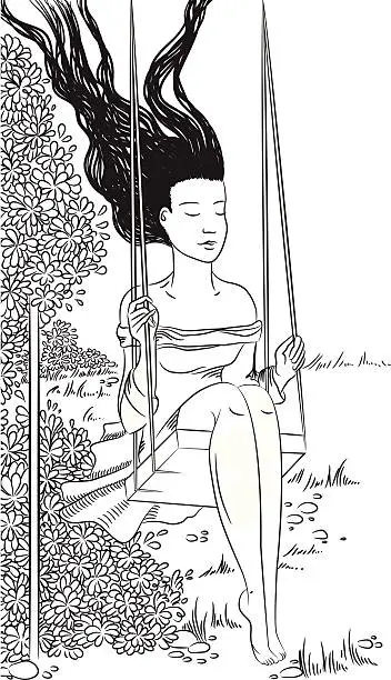 Vector illustration of Девушка на качелях. Girl on a swing.