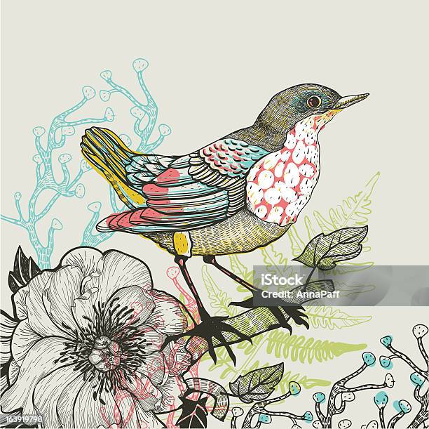Vector Illustration Dun Oiseau Et Plantes Vecteurs libres de droits et plus d'images vectorielles de Oiseau - Oiseau, Pivoine, Arbre en fleurs