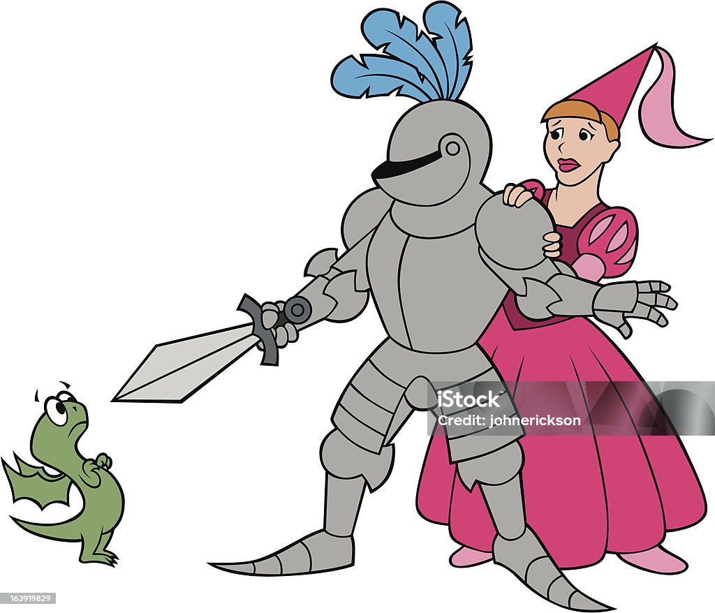 White Knight with Princess and Baby Dragon "A ""brave"" knight protects a princess from a baby dragon." Damsels in Distress stock vector