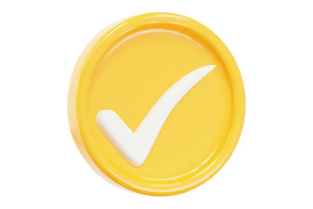 istock 3d yellow round button with check mark icon. Cartoon style. Stock vector illustration on isolated background. 1639206620
