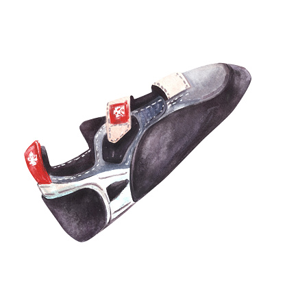 Climbing boulder black-grey with red elements shoes. Rock, wall climbing equipment. Watercolor illustration hand draw isolated on white background. for your design of brochures, stickers, prints logo