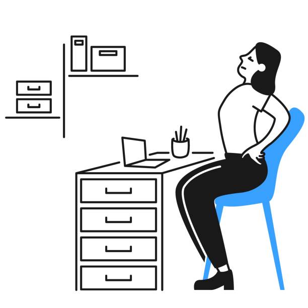 pracownik biurowy rozciągający się przy biurku, ból pleców płaska ilustracja wektorowa - backache lumbar vertebra human spine posture stock illustrations