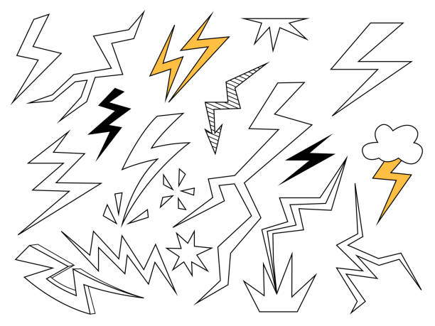 istock Set of thunderbolt element. Hand drawn doodle style collection of different electric lightning bolt 1639252675