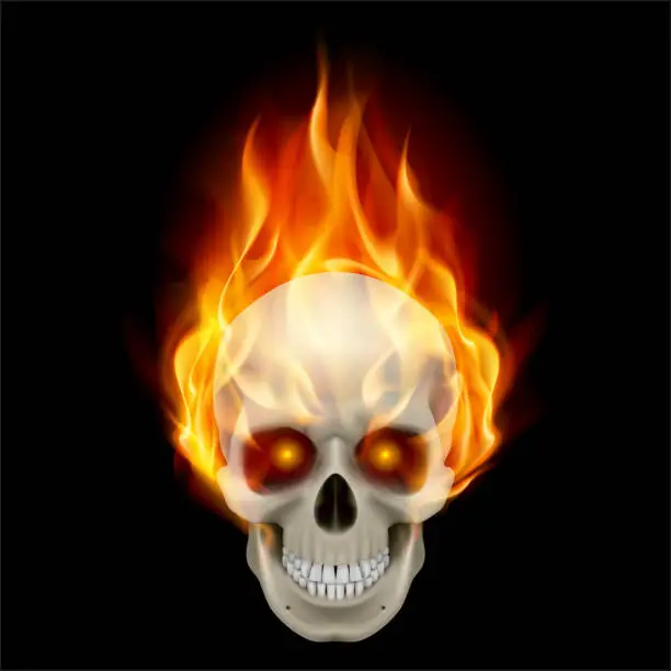 Vector illustration of Burning skull in hot flame.