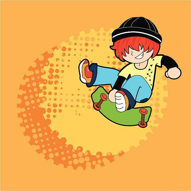 ilustraciones, imágenes clip art, dibujos animados e iconos de stock de artístico little boy - skateboard skateboarding extreme sports halftone pattern