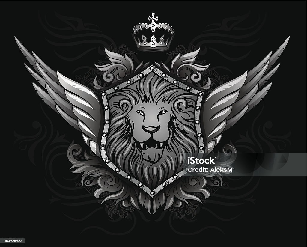 Winged Lion Insignia 2 Lion head on shield emblem on dark background Ancient stock vector
