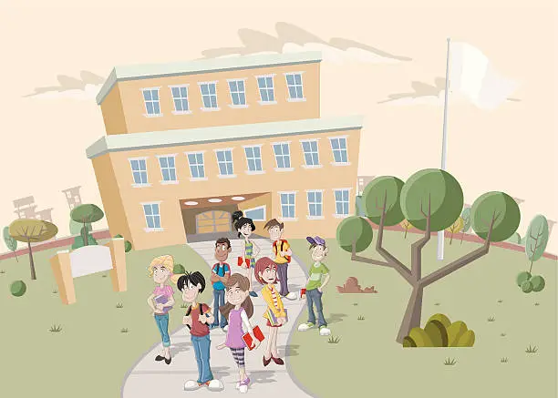 Vector illustration of Teenager students in front of school