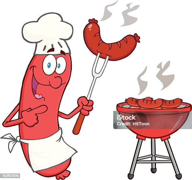 Sausage Chef With A Barbecue Stock Illustration - Download Image Now - Barbecue - Meal, Barbecue Grill, Cartoon