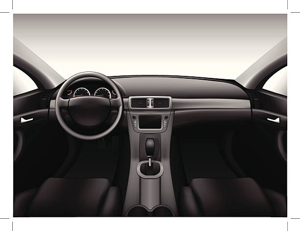 illustrazioni stock, clip art, cartoni animati e icone di tendenza di cruscotto-interni auto - car steering wheel windshield speedometer