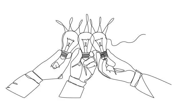 Vector illustration of Continuous one line drawing of multiple hands holding light bulbs to gather together, combination of ideas, brainstorming concept, single line art.