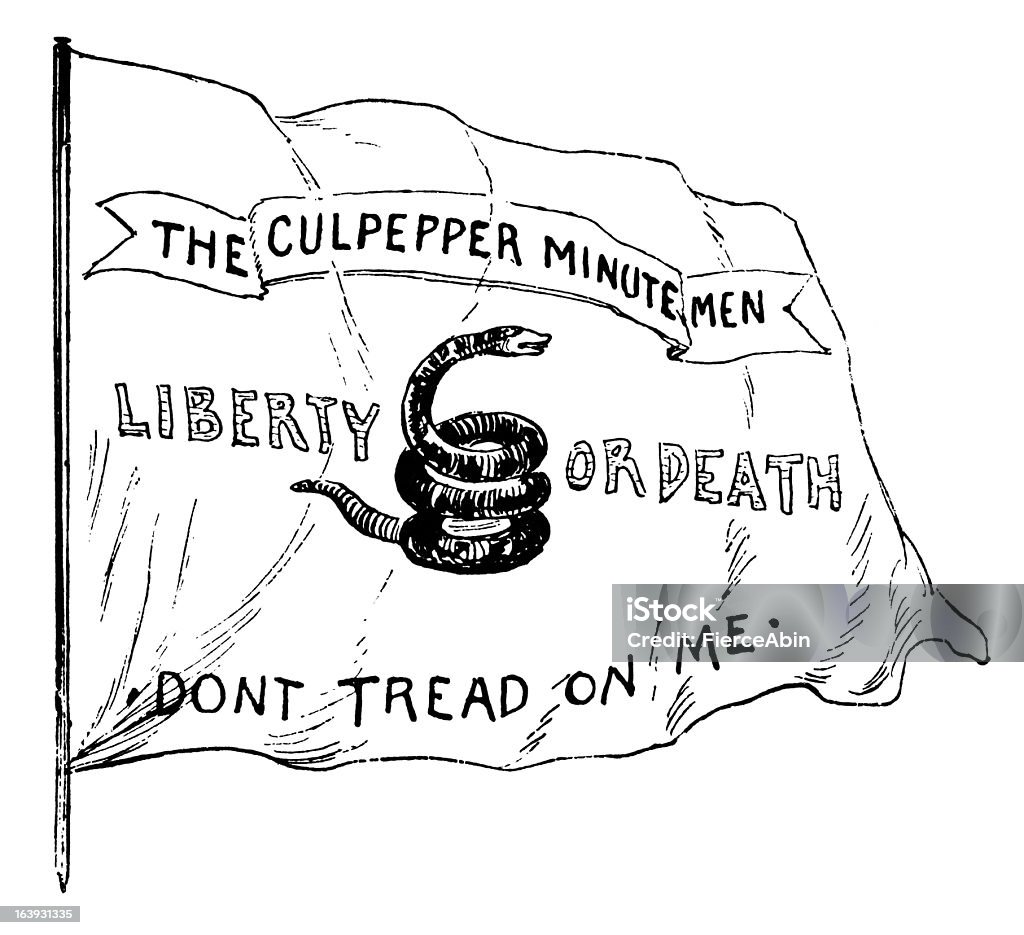 Rattlesnake (Gadsden) Flag - Antique Engraving Antique engraving of the Rattlesnake (Gadsden) flag - one of the first flags of the United States Continental Marines during the American revolutionary war. Isolated on white. Minuteman Statue - Boston stock illustration