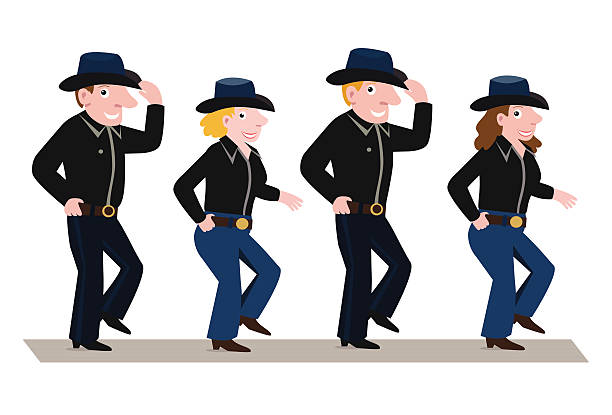 Line dance Four line dancers, two men and two women,  line dance stock illustrations