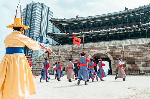 seoul, south korea. 3rd, july, 2023: military guard changing performance at Sungnyemun gate, seoul