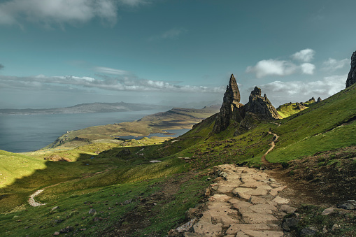 The view of the Old Man of Storr and the hiking trails in the scenic area