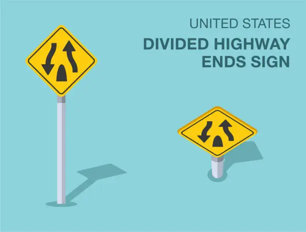 Vector illustration of Traffic regulation rules. Isolated United States divided highway ends sign. Front and top view. Vector illustration template.