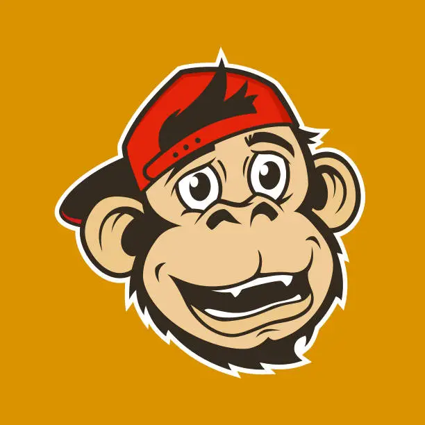 Vector illustration of Monkey head in baseball cap. Smiling monkey, ape or gorilla character mascot