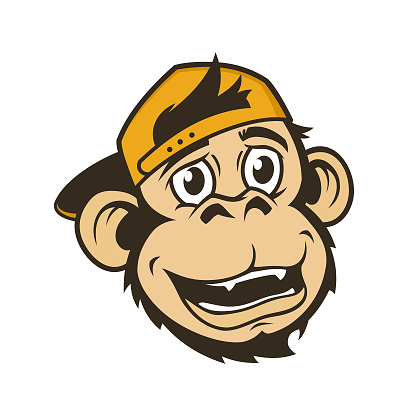 Monkey head in a baseball cap. Stylized smiling ape, monkey, or gorilla in cap - vector illustration