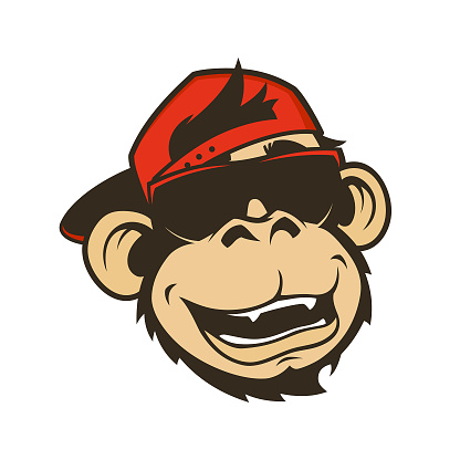 Monkey in sunglasses and baseball cap. Stylized smiling ape, monkey, or gorilla character mascot - vector illustration isolated on white background