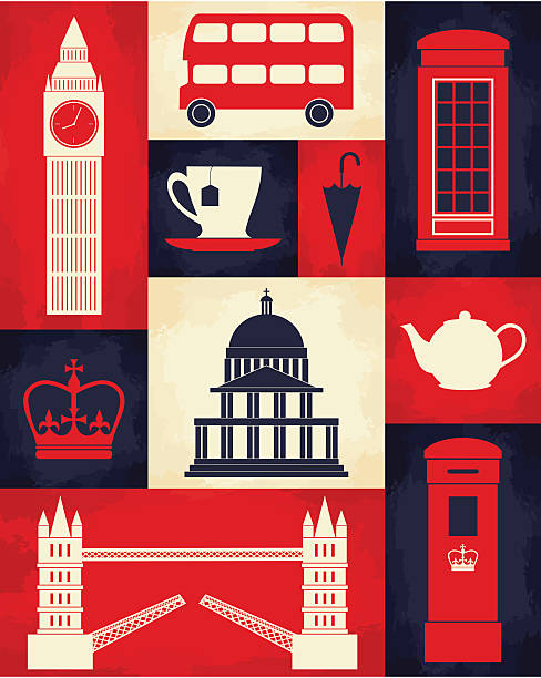 Retro London Poster Retro style poster with London symbols and landmarks. blue pay phone stock illustrations