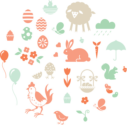Easter-themed springtime design elements. Easy to edit and recolor with global color swatches. Illustrator 10 compatible EPS file.