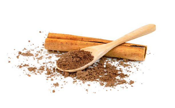 istock cinnamon powder and sticks with wooden spoon isolated on a white background 1639384812