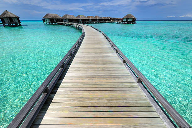 istock Beautiful beach with water bungalows 163938910