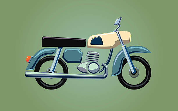 Blue retro motorcycle on a green background vector art illustration