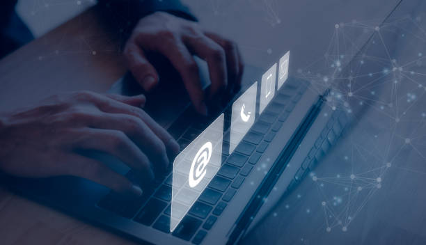 istock Businessman using laptop, searching web, browsing information, contact, having workplace at home. concept Contact us or Customer support hotline people connect 1639403413