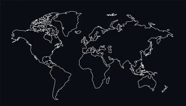Vector illustration of worldwide global map outline on black background