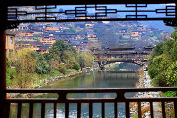 Traditional wooden bridge of Miao Nationality ,Xijiang, Guizhou province, China