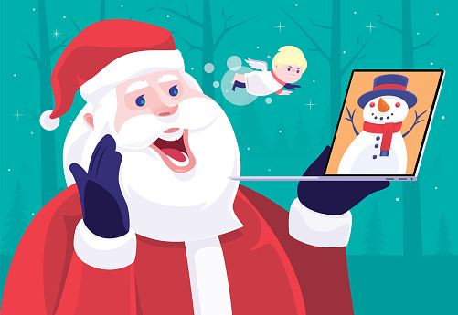 vector illustration of Santa Claus video chatting with snowman on laptop