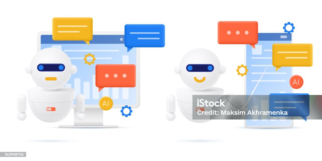 Cartoon Robot Near Computer And Smartphone With Speech Bubbles Stock ...