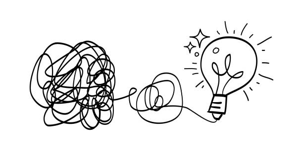 istock Scribble line doodles. the concept of transition from complicated to simple with bulb lamp, simplifying the complex, confusion clarity or path. isolated on white background. vector illustrations 1639493668