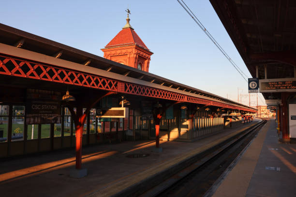 Wilmington, Delaware, USA - Jul 30, 2023: Wilmington Train Station platform at sunset at downtown Wilmington, Delaware