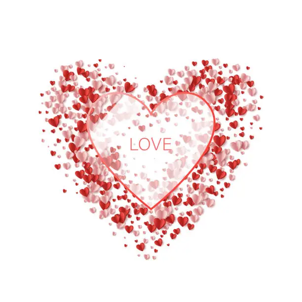 Vector illustration of Glass transparent heart made of confetti small pink hearts.