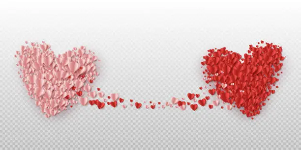 Vector illustration of Two big hearts, red and pink, made of small confetti hearts connected to each other.