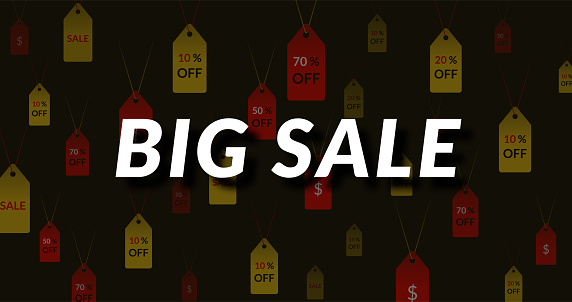 Big sale on a dark background with discount tags. Vector.