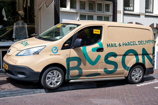 Amsterdam, Netherlands - July 4, 2019: Nissan e-NV200 electric delivery van of Beson