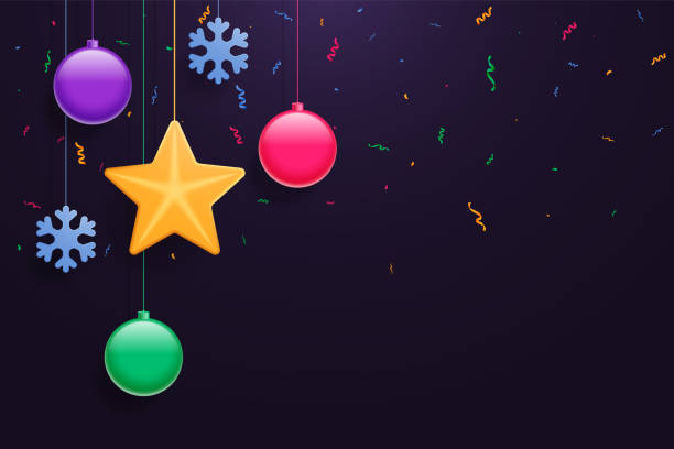 おもちゃ、紙吹雪のリボン、星を持つ新年のクリスマスのお祝いのカラフルな背景。 - confetti gold star shape black点のイラスト素材／クリップアート素材／マンガ素材／アイコン素材